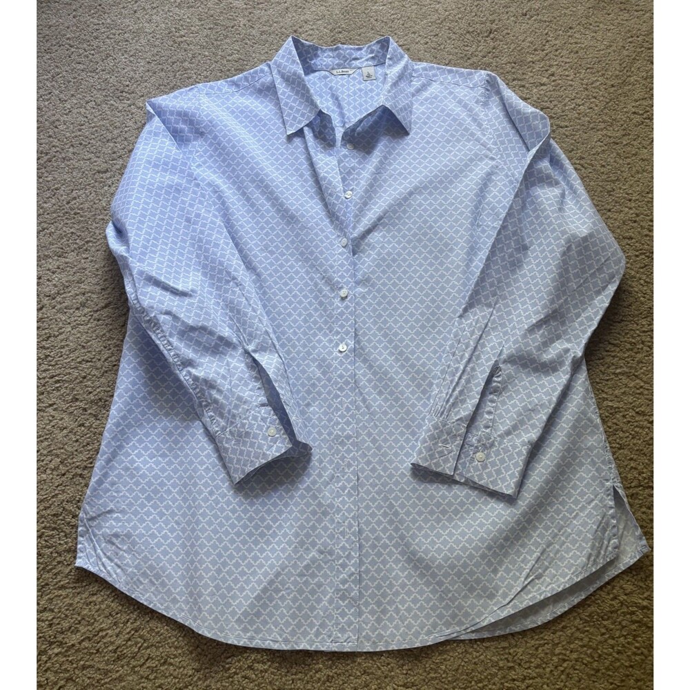 L.L. Bean Button Down Shirt Women's Large Blue Print Long Sleeve Cotton